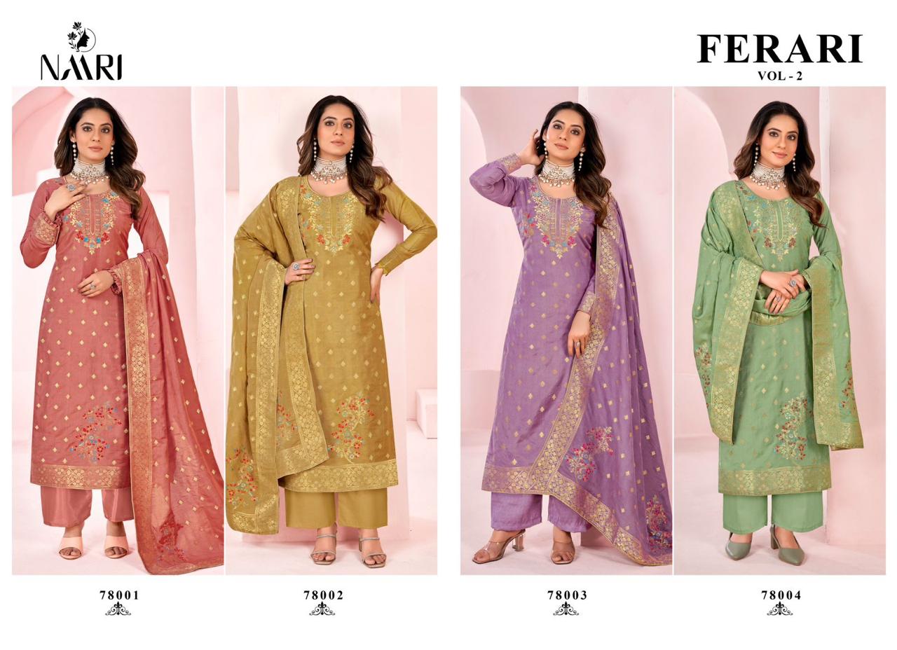 Ferari Vol 2 Naari Muslin Jacquard Plazzo Style Suits Wholesale Price