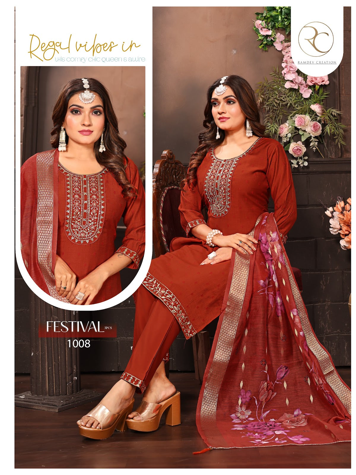 Festival Ramdev Creation Vertigan Readymade Pant Style Suits Wholesaler Gujarat