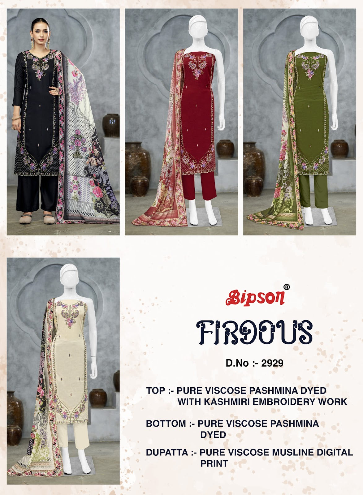 Firdous 2929 Bipson Prints Viscose Pashmina Suits Wholesaler India