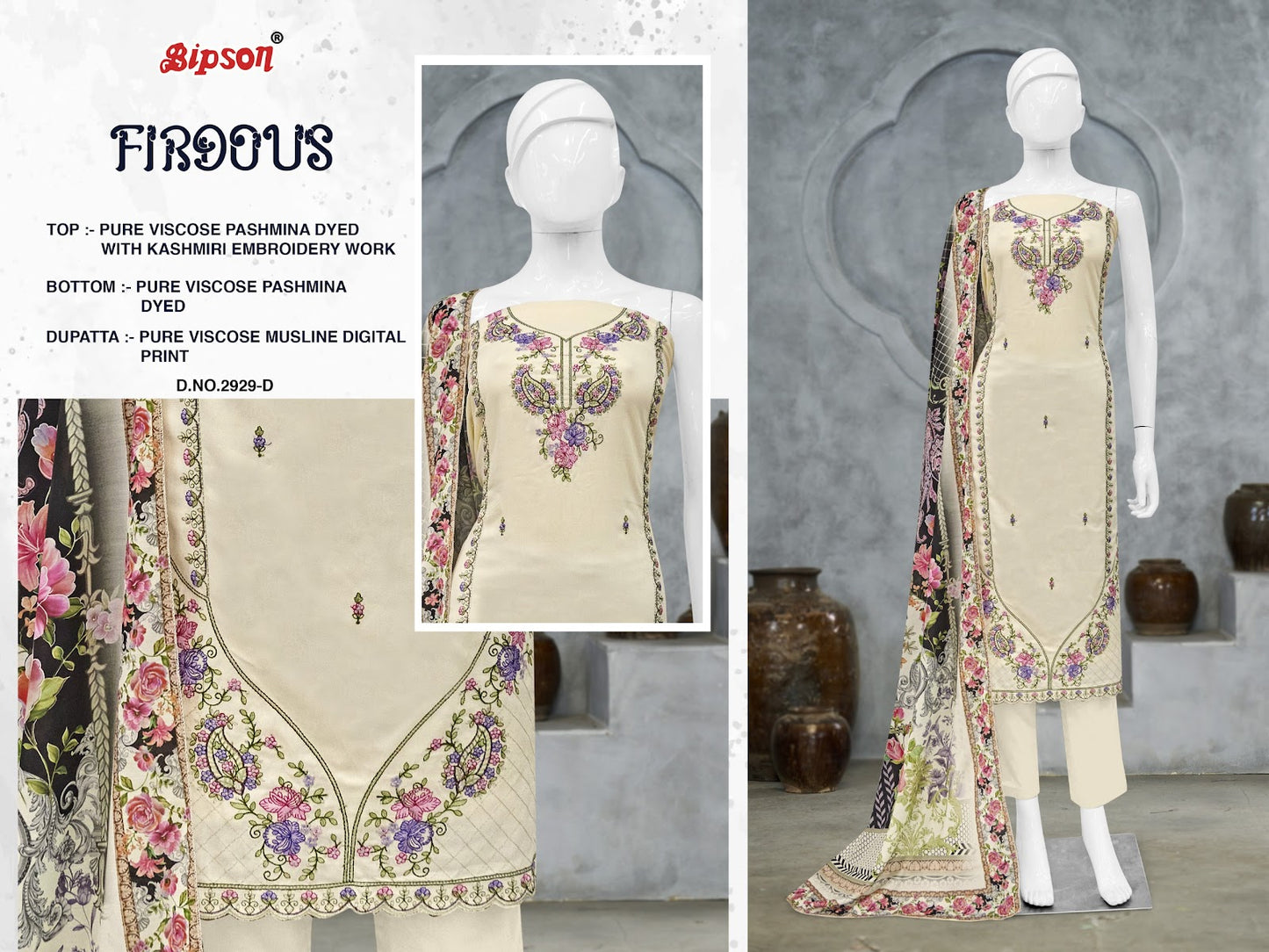 Firdous 2929 Bipson Prints Viscose Pashmina Suits Wholesaler India
