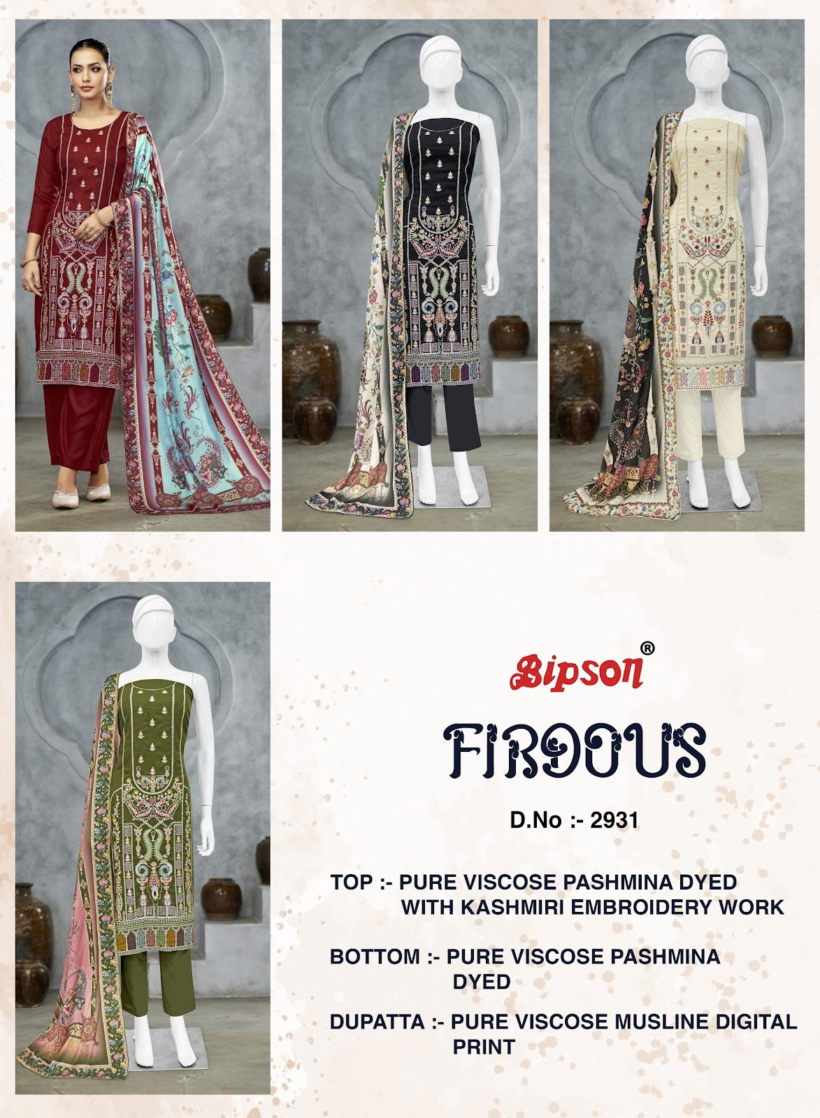 Firdous 2931 Bipson Prints Viscose Pashmina Suits Supplier India