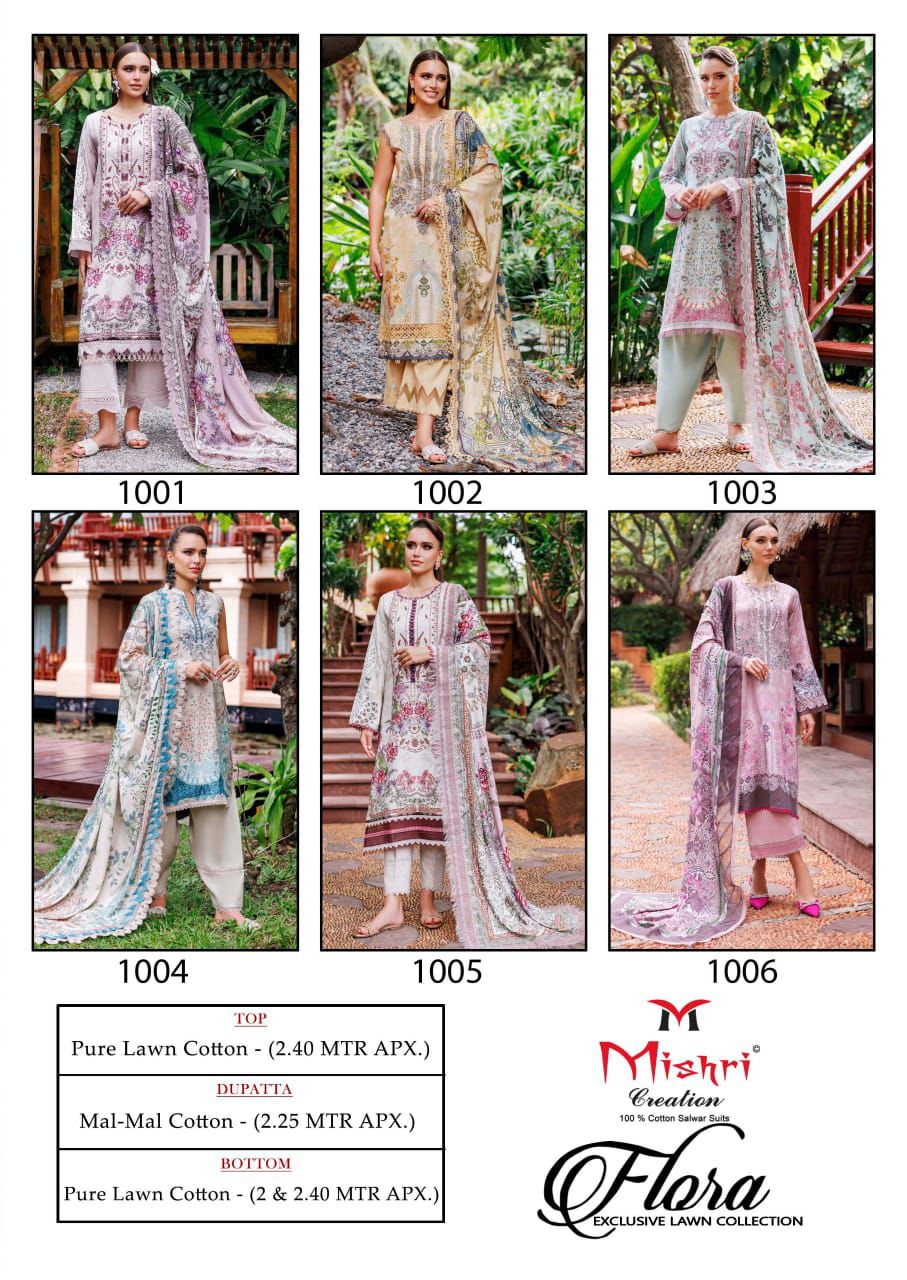Flora Exclusive Lawn Collection Mishri Cotton Karachi Salwar Suits Supplier Ahmedabad
