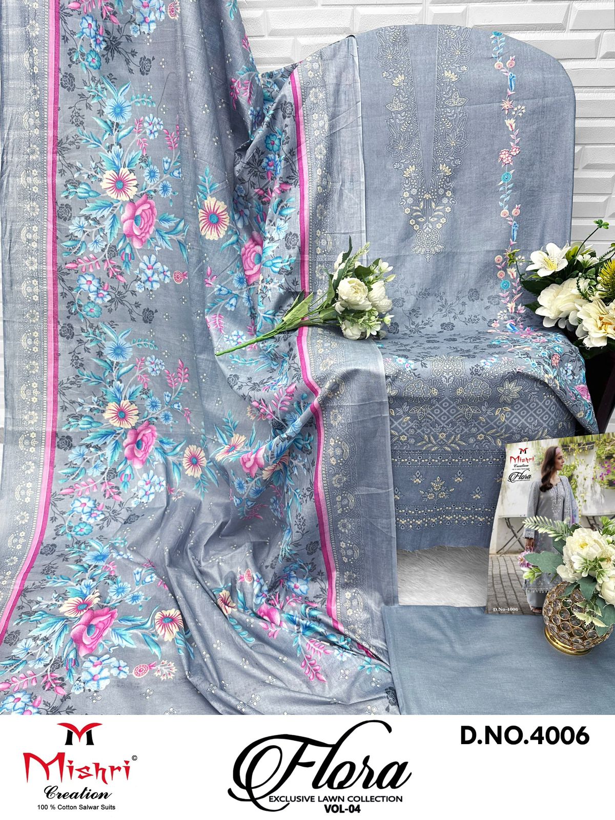Flora Vol 4 Exclusive Lawn Collection Mishri Lawn Cotton Karachi Salwar Suits Exporter Gujarat