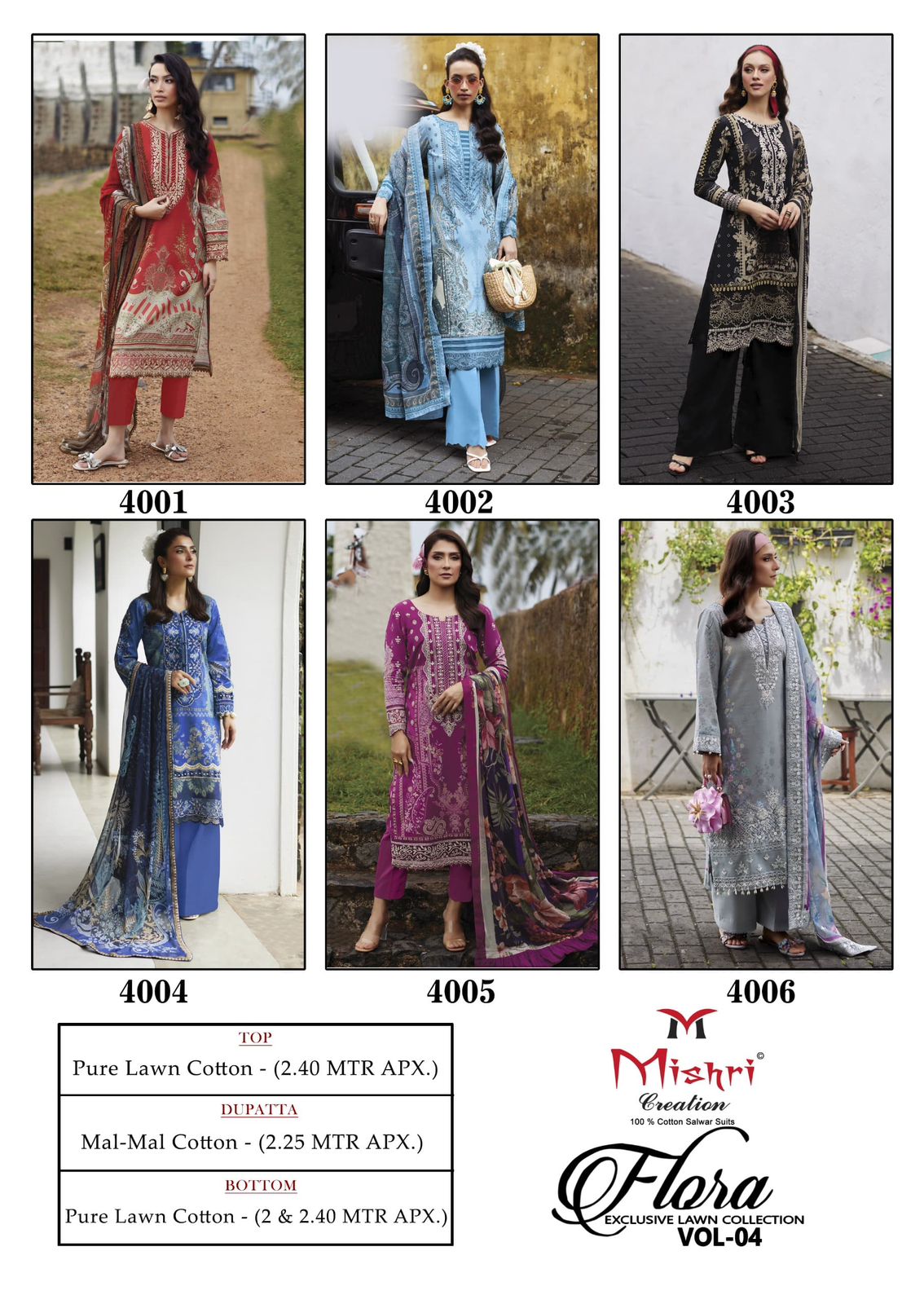 Flora Vol 4 Exclusive Lawn Collection Mishri Lawn Cotton Karachi Salwar Suits Exporter Gujarat
