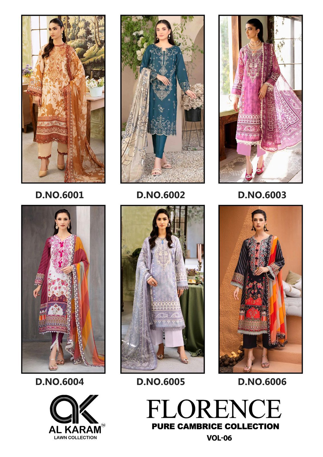 Florence Vol 6 Pure Cambric Collection Al Karam Karachi Salwar Suits Wholesale Rate