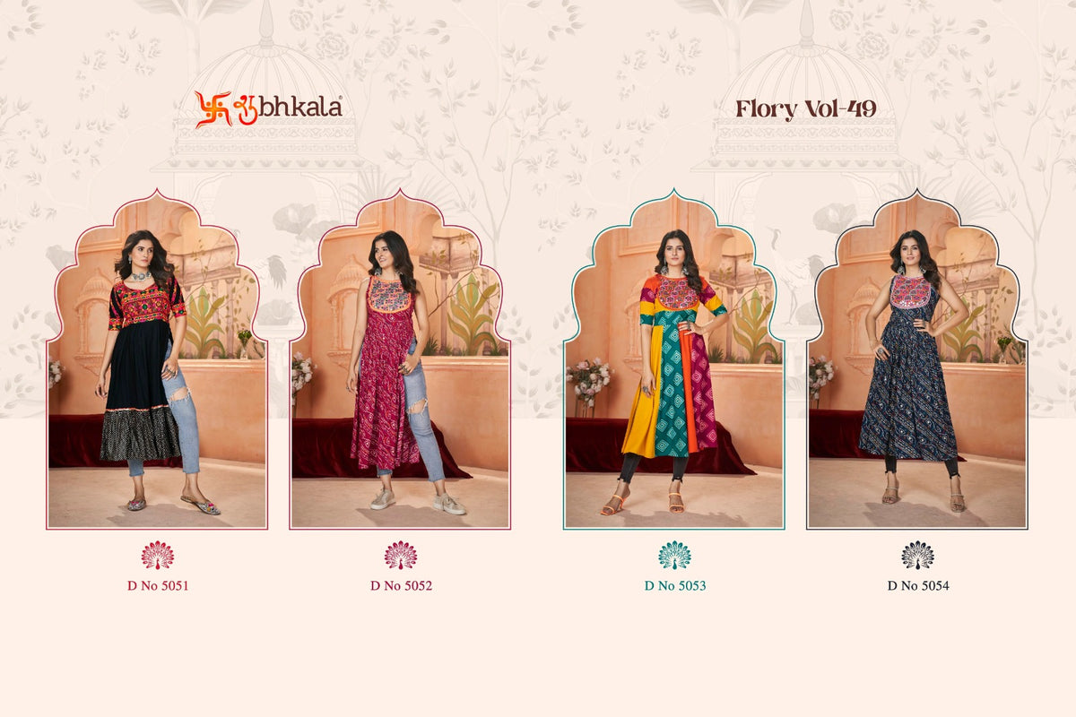 Flory Vol 49 Navaratri 2024 Shubhkala Rayon Kurtis Wholesale Rate
