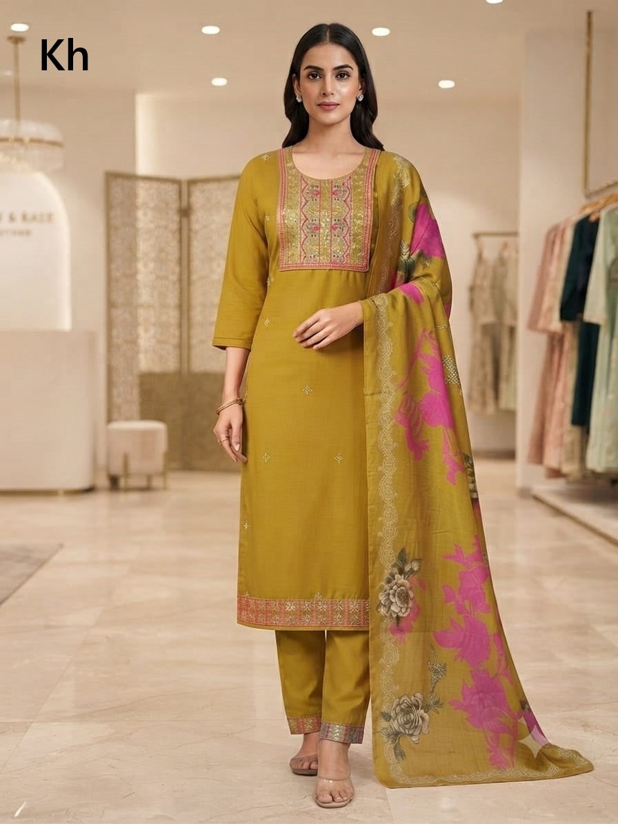 Flower Print 030726 Kh Roman Silk Readymade Pant Style Suits Wholesale Price
