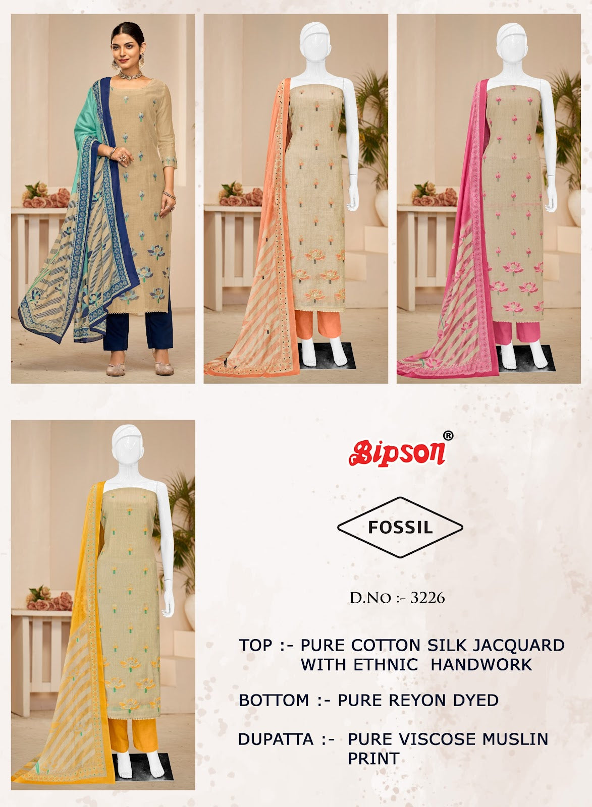 Fossil 3226 Bipson Prints Pure Cotton Pant Style Suits Wholesale Rate