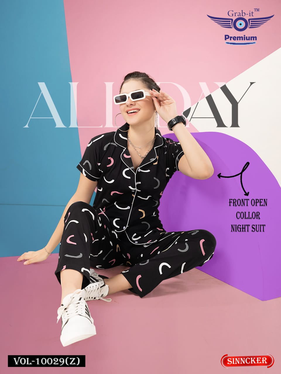 Front Open 10029 Z Grab It Sinker Collar Night Suits Wholesale Price