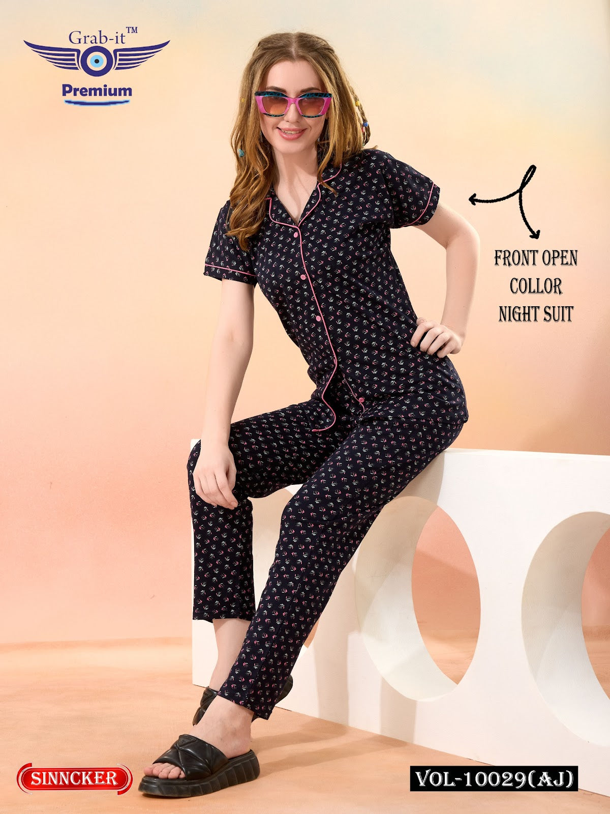 Front Open Vol 10029 Aj Grab It Sinker Collar Night Suits Supplier Ahmedabad