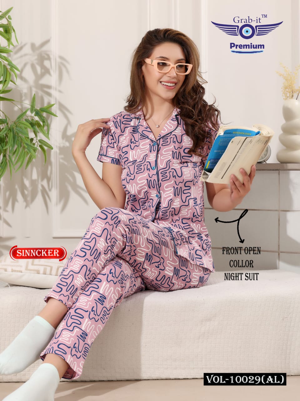 Front Open Vol 10029 Al Grab It Sinker Collar Night Suits Supplier