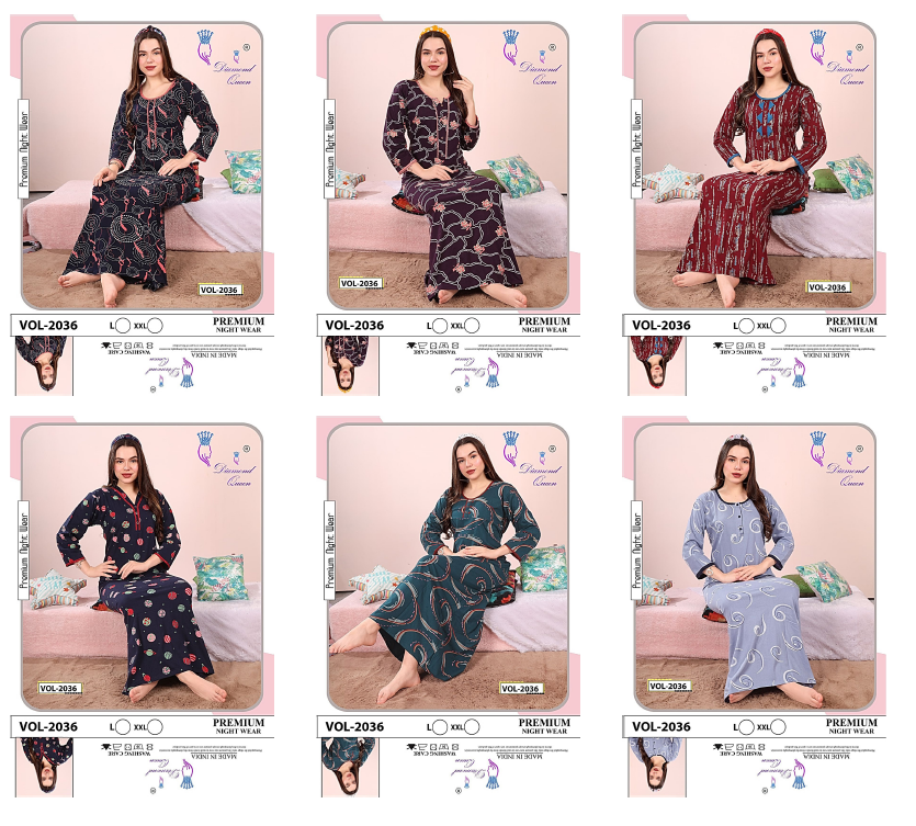 Full Sleeves Vol 2036 Diamond Queen Sinker Night Gowns Wholesaler