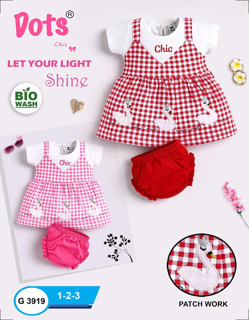 G3919 Dots Chic Girls Checkered Frock & Bloomer Set with patch work Wholesaler India