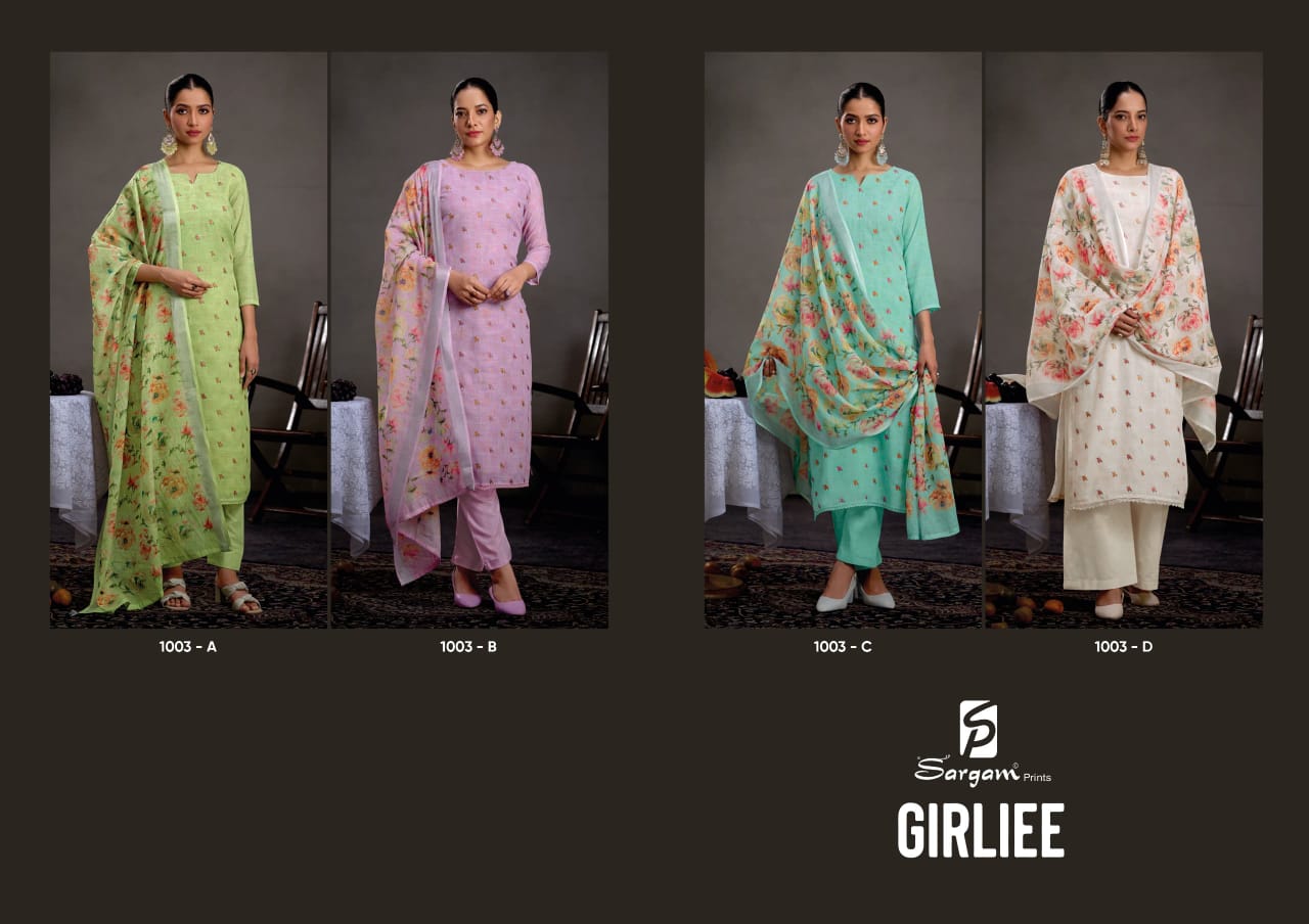 Girliee Sargam Prints Pure Linen Pant Style Suits Wholesaler