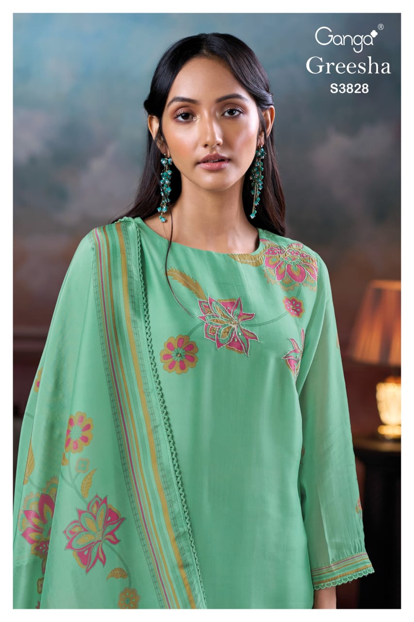 Greesha 3828 Ganga Premium Bemberg Plazzo Style Suits Supplier Gujarat
