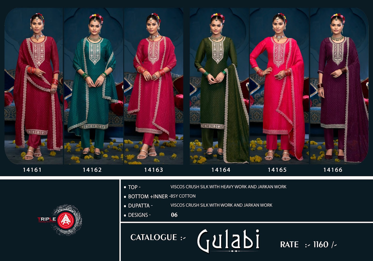 Gulabi Triple Aaa Crush Silk Pant Style Suits Exporter Ahmedabad