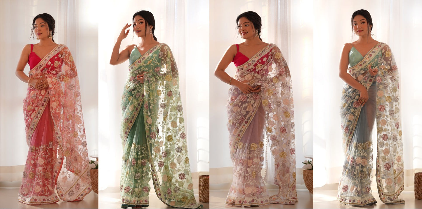 Gulabo Bt Butterfly Net Sarees