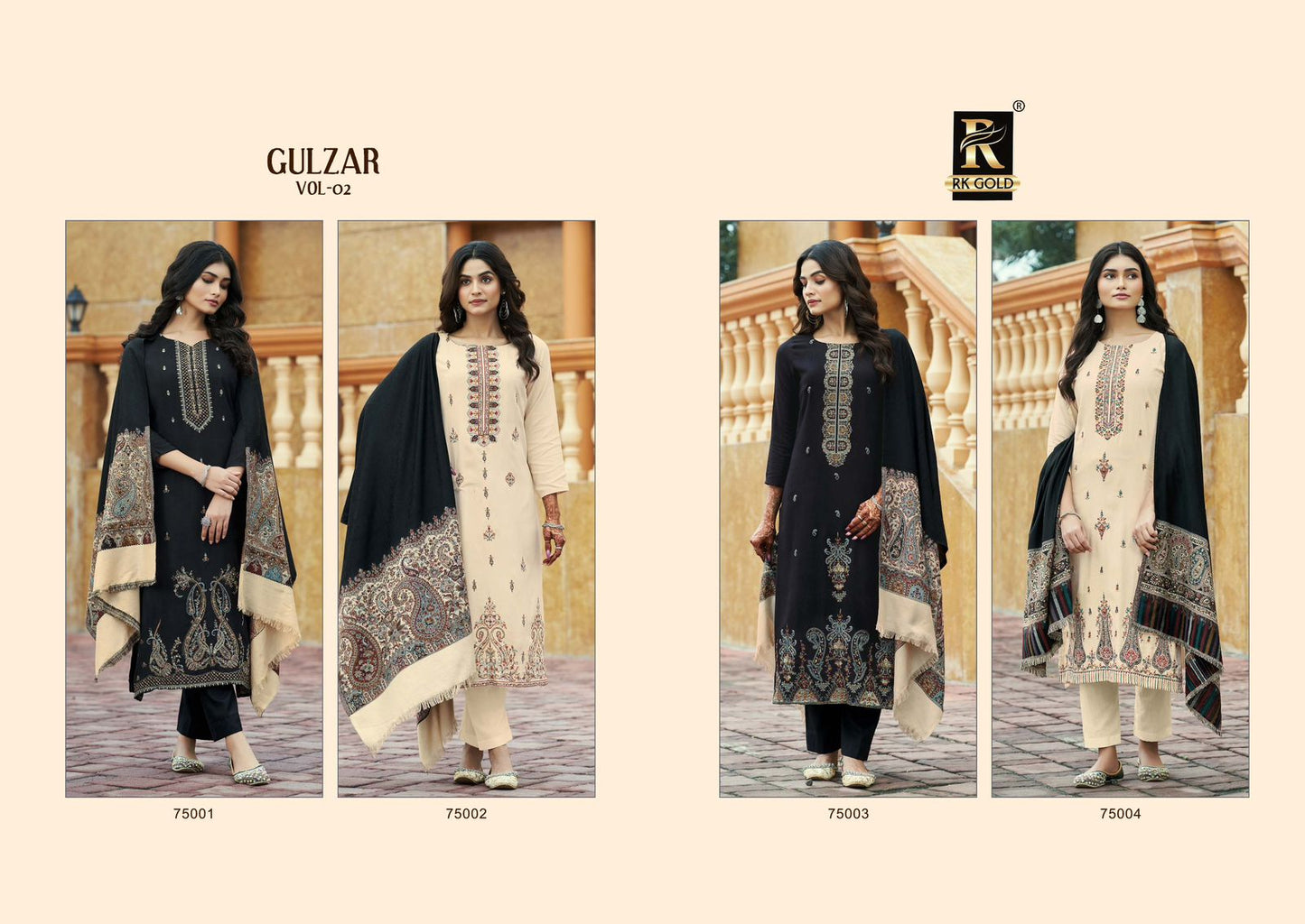Gulzar Vol 2 Black-White Rk Gold Viscose Pashmina Suits Wholesale Price