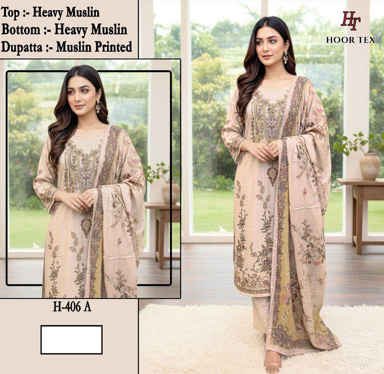 H 405 - 413 Hoor Tex Muslin Pakistani Readymade Suits Wholesale