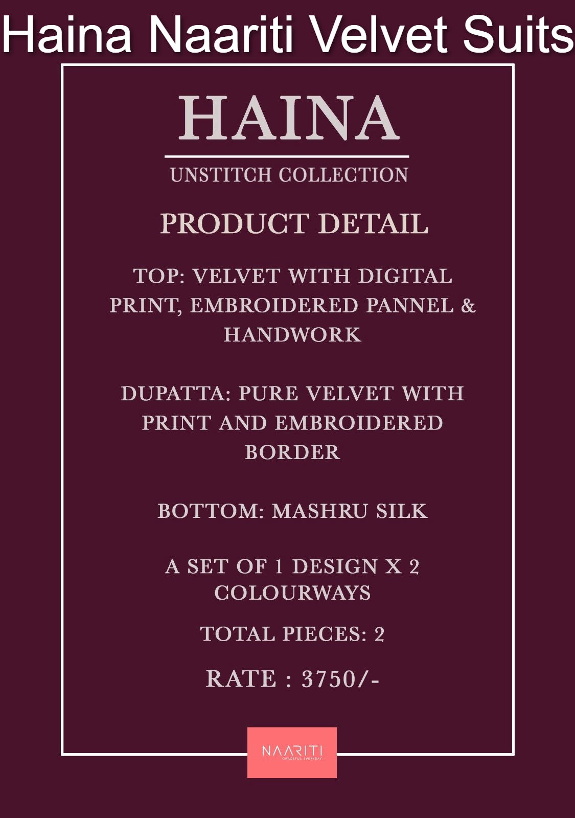 Haina Naariti Velvet Suits Wholesaler India