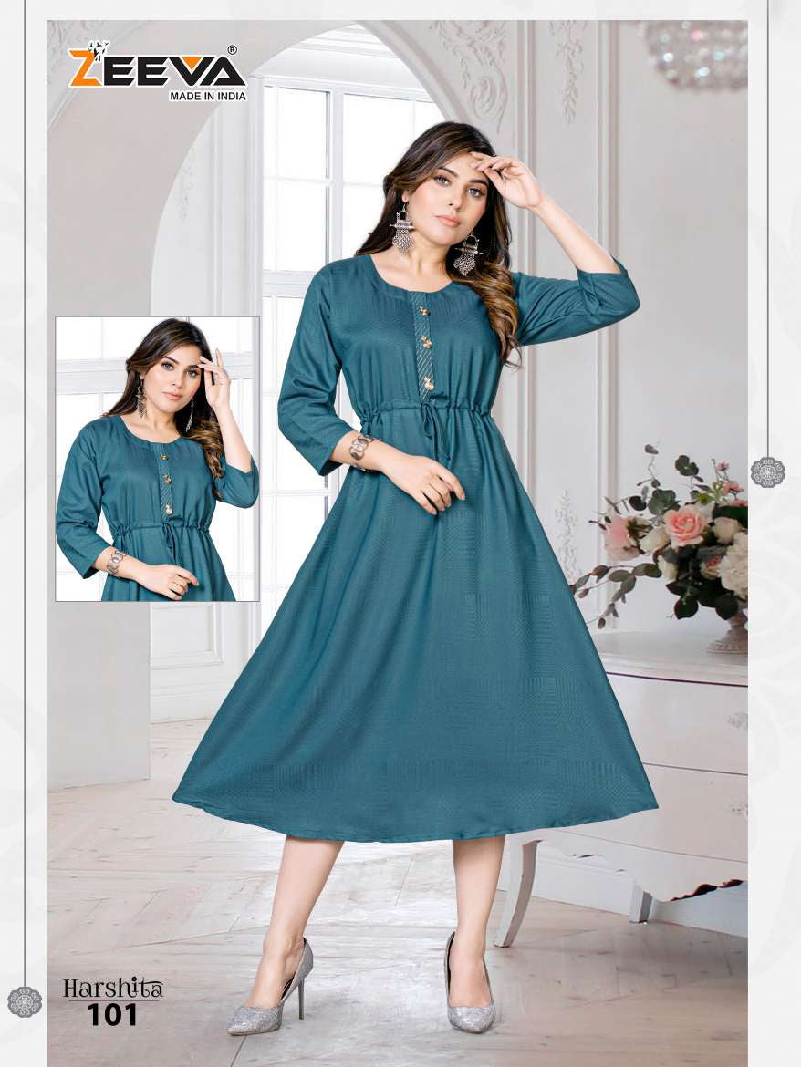 Harshita Zeeva Fancy Rayon Anarkali Kurtis Supplier Gujarat
