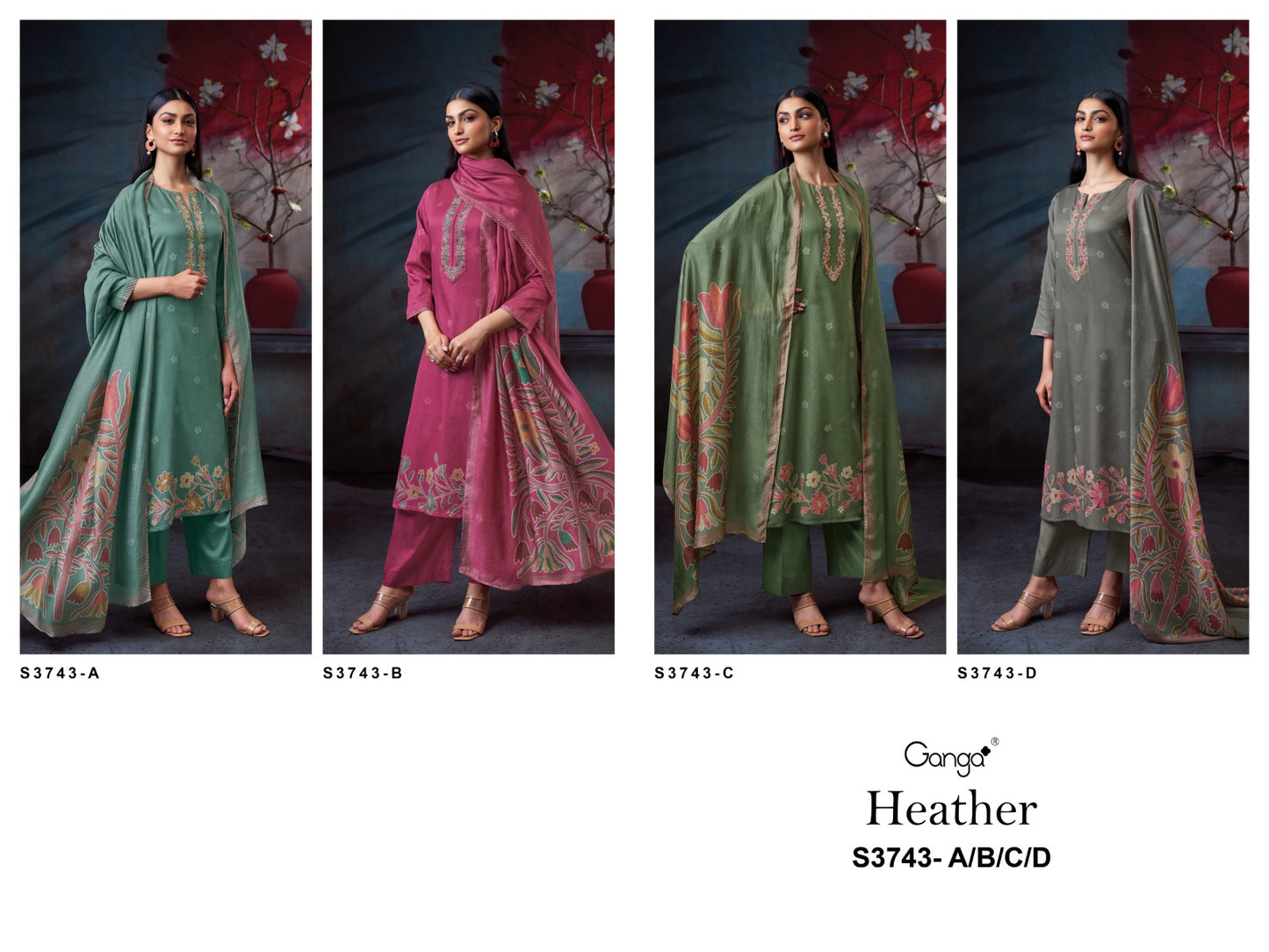 Heather 3743 Ganga Premium Cotton Plazzo Style Suits Wholesale Rate
