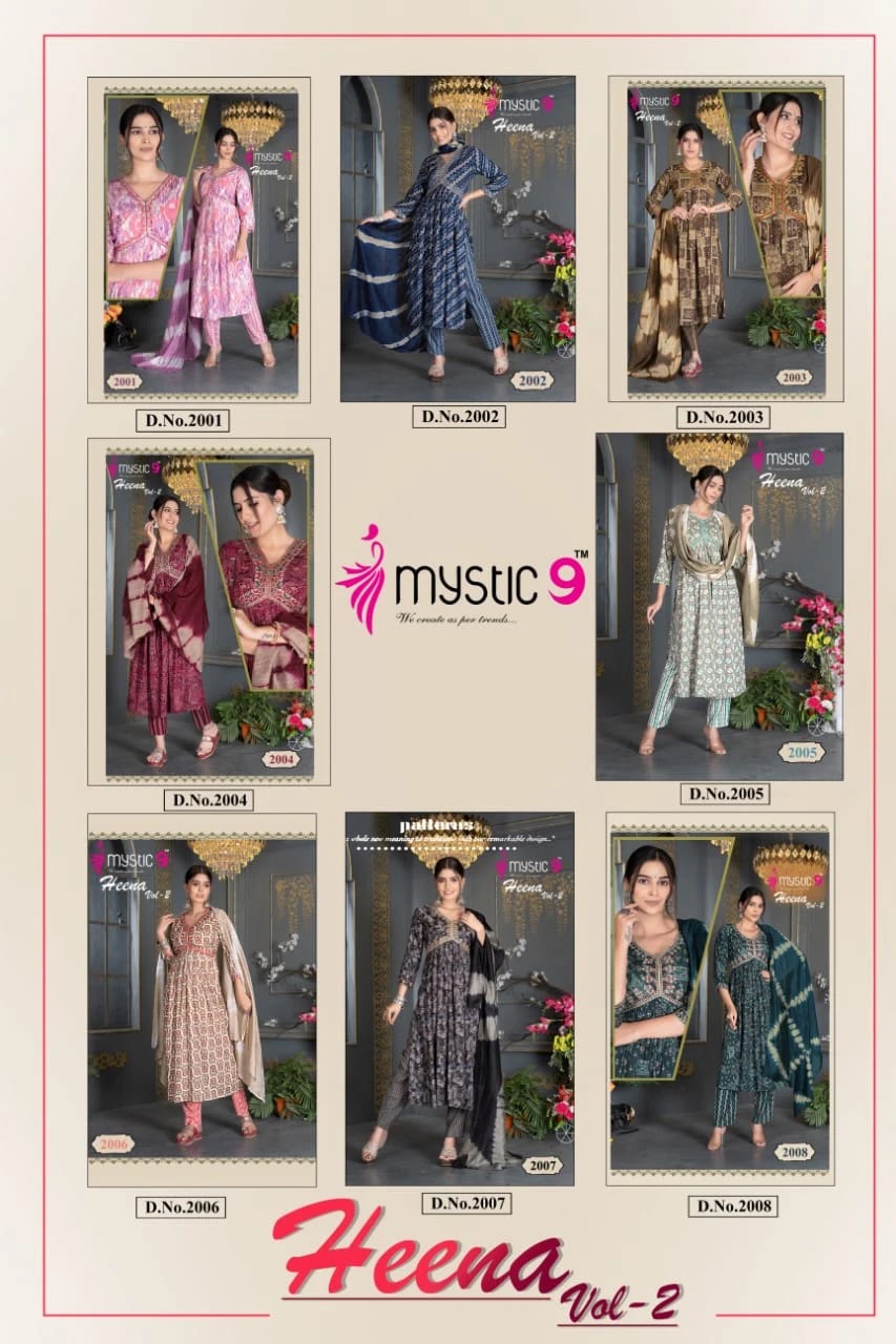 Heena Vol 2 Mystic 9 Rayon Capsule Readymade Pant Style Suits Supplier India