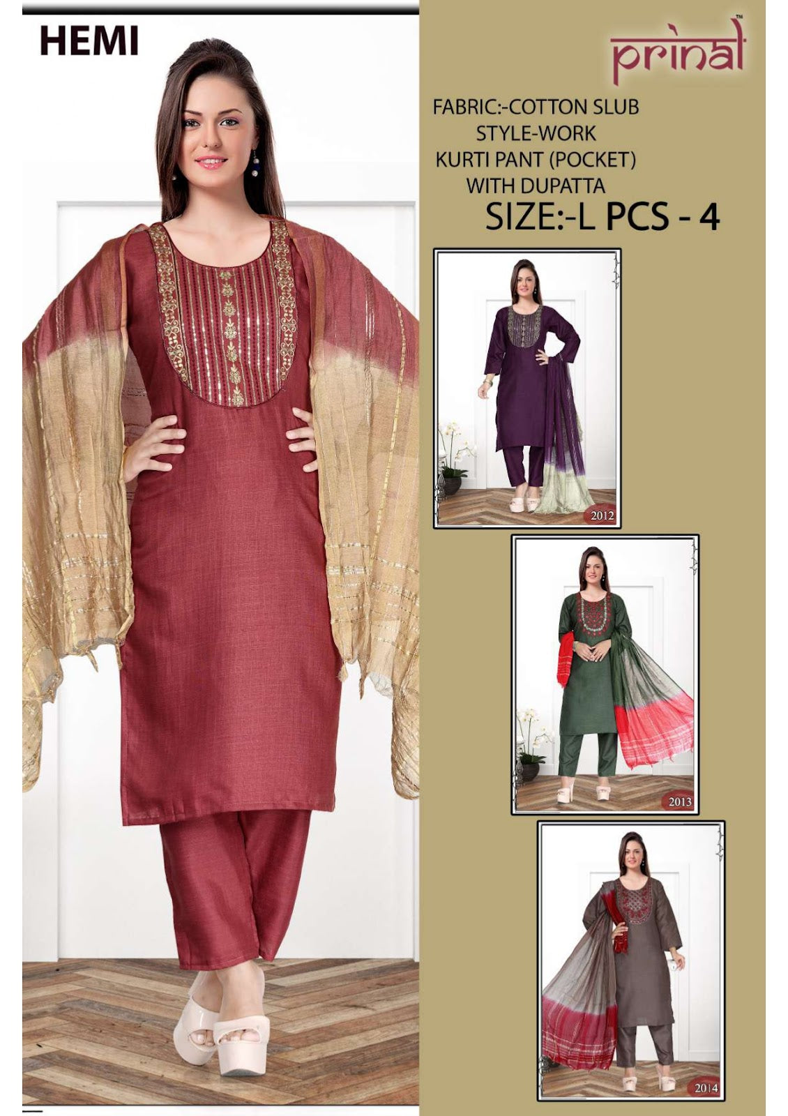 Hemi Prinal Cotton Slub Readymade Pant Style Suits