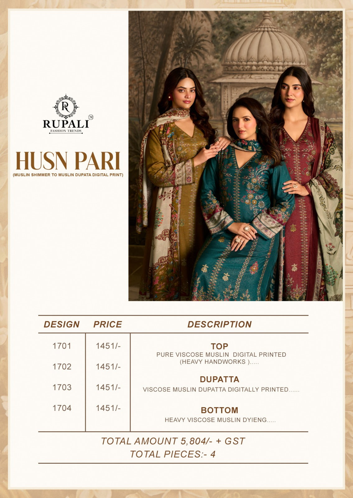 Husn Pari Rupali Viscose Muslin Pant Style Suits Manufacturer Gujarat