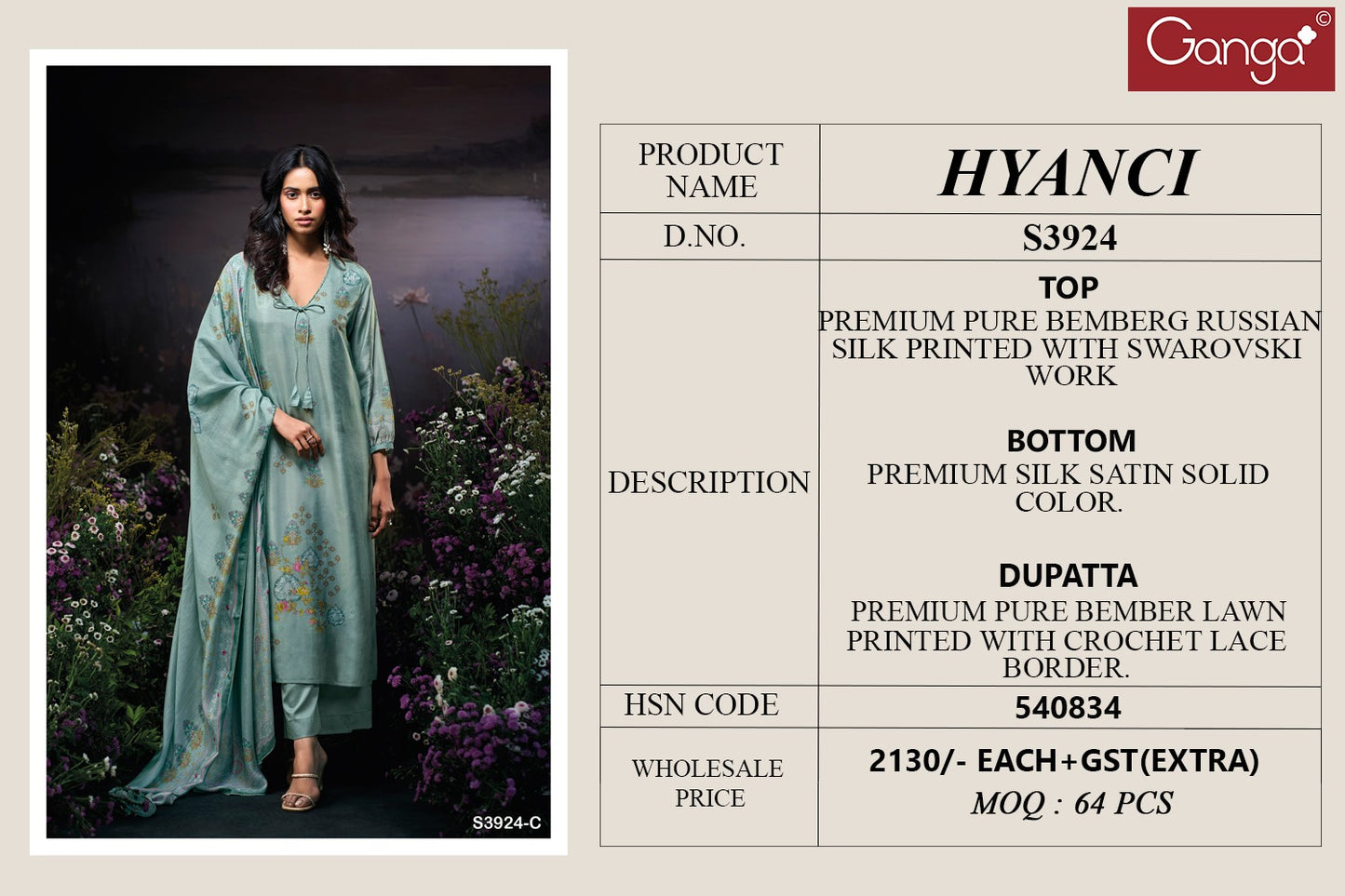 Hyanci 3924 Ganga Russian Silk Plazzo Style Suits Supplier Gujarat