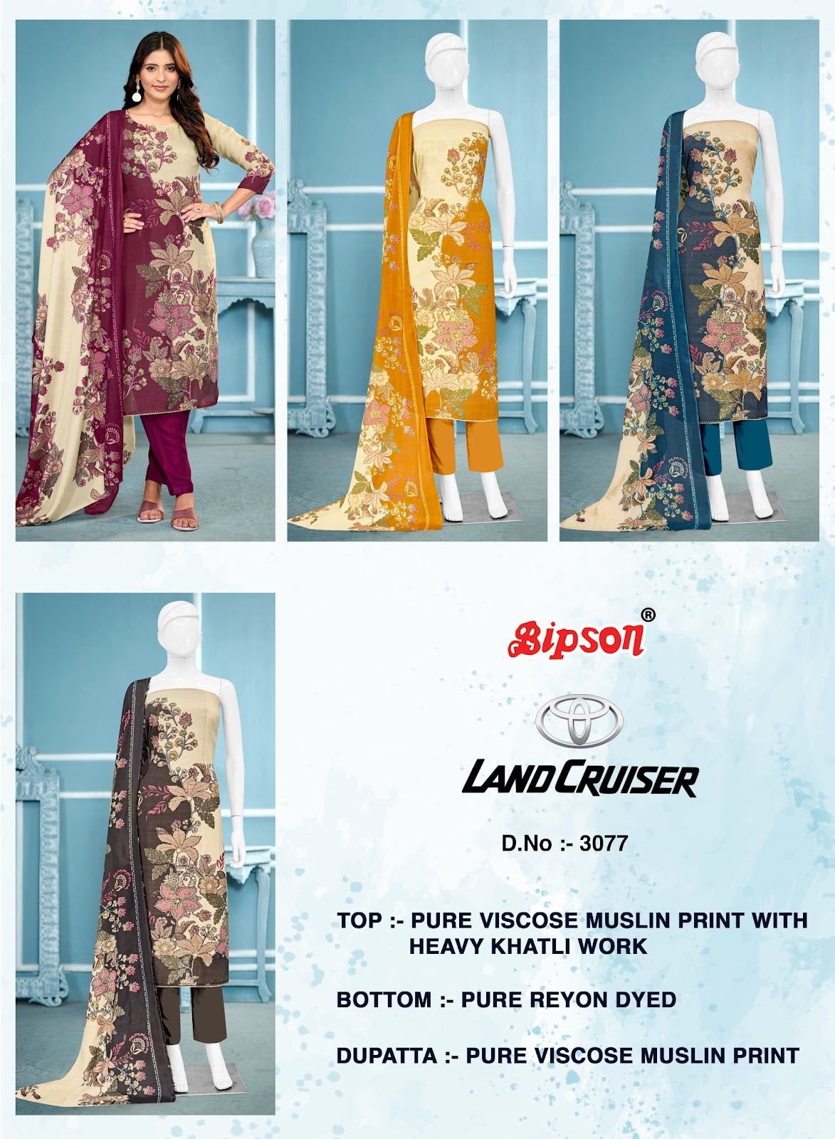 Land Cruiser 3077 Bipson Prints Pure Viscose Muslin Pant Style Suits Wholesale Price