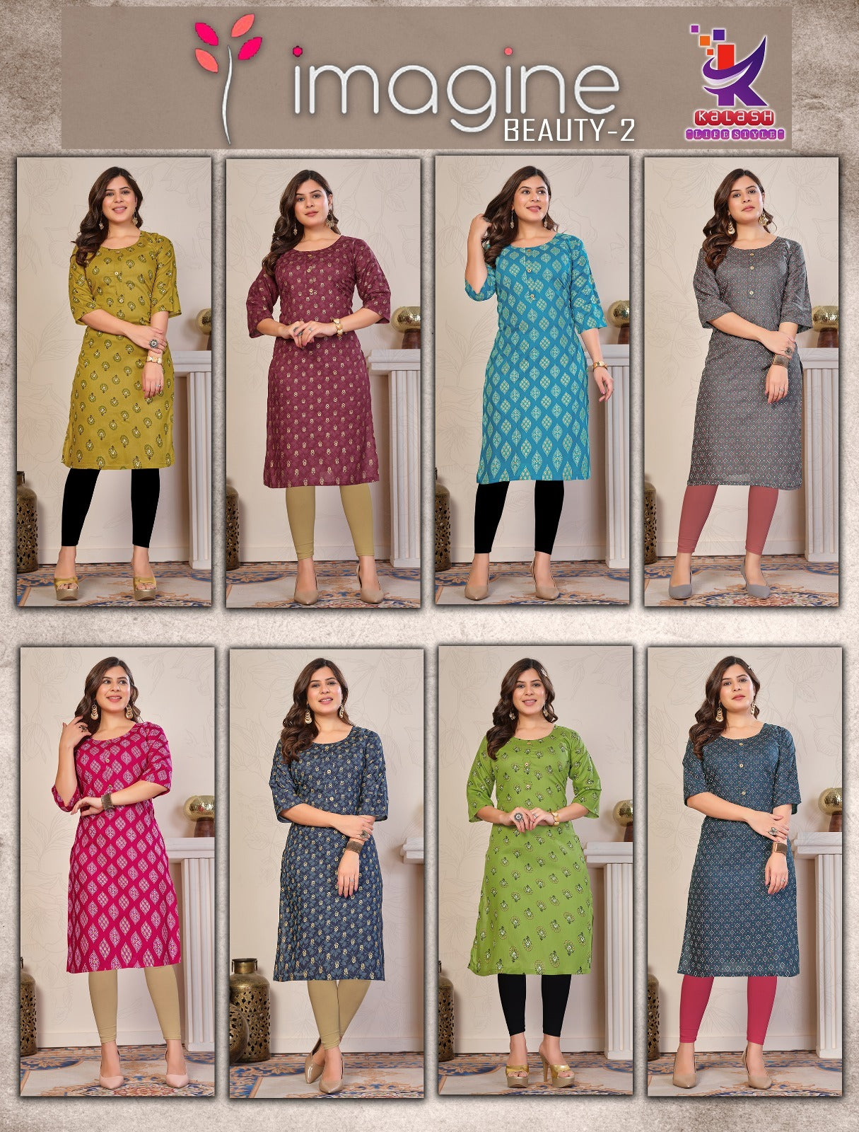 Imagine Beauty 2 Mlm Kalash Lifestyle Rayon 14Kg Knee Length Kurtis