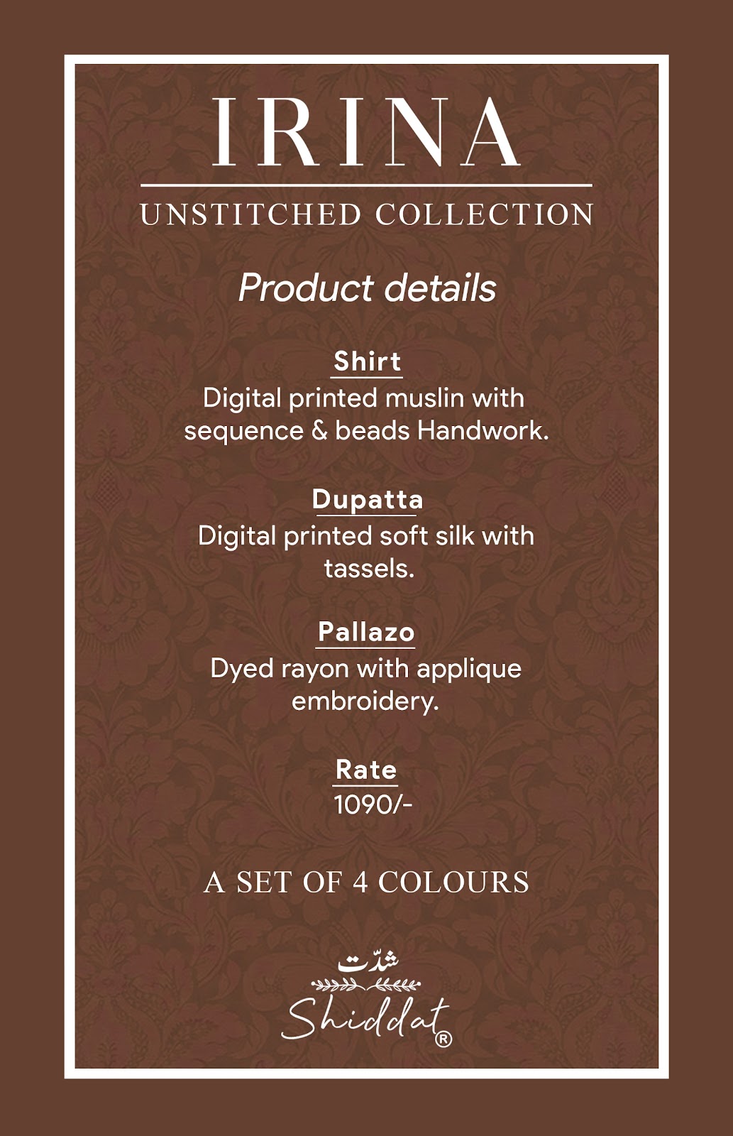 Irina 1003 Shiddat Muslin Pant Style Suits Wholesale Price