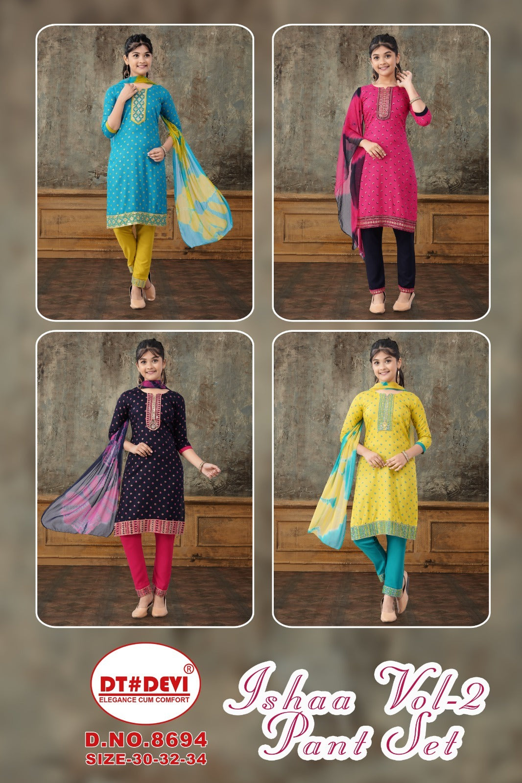 Ishaa Vol 2 8694 Dt Devi Rayon Girls Readymade Pant Suits Exporter Ahmedabad
