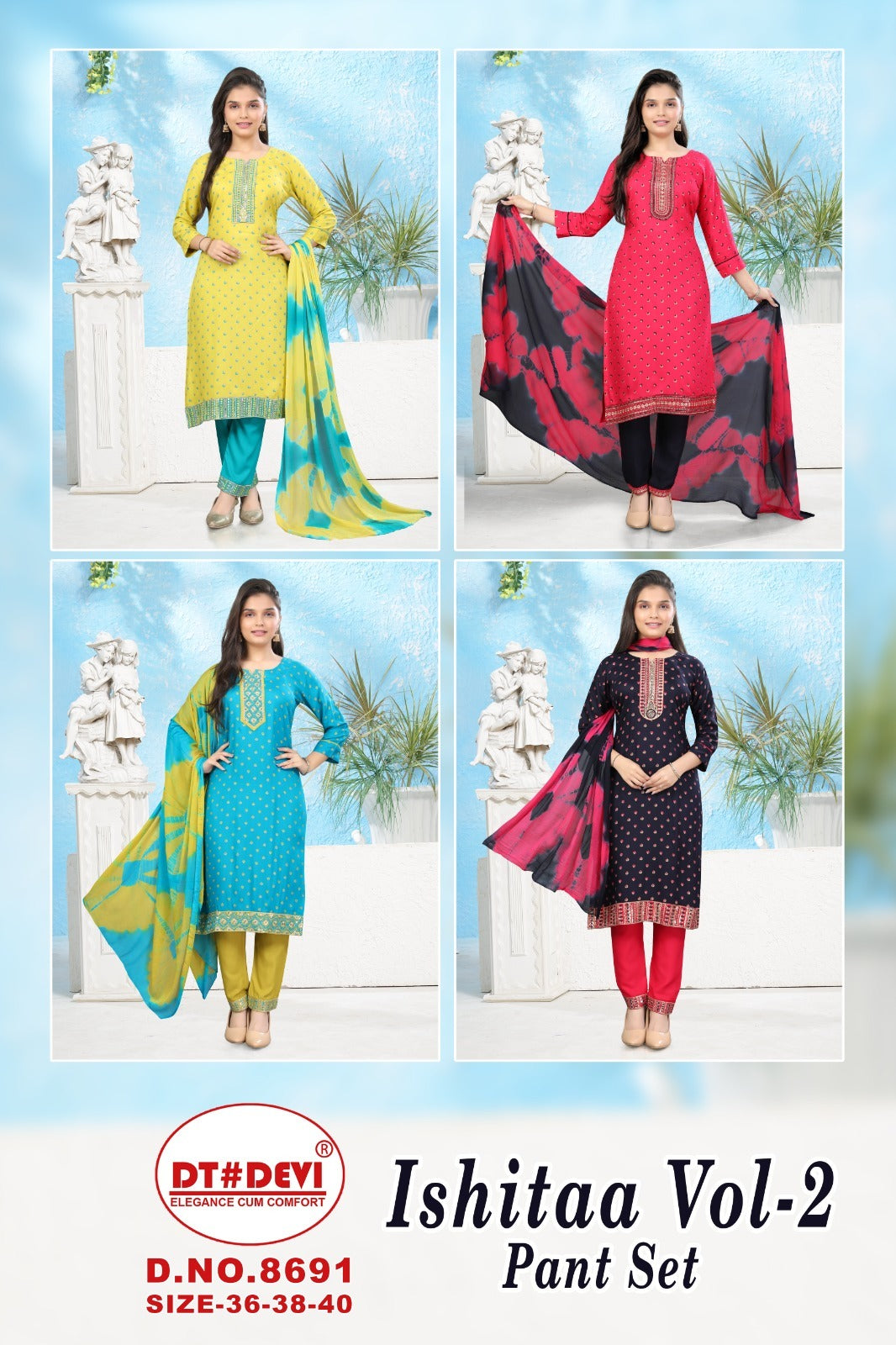 Ishitaa Vol 2 8691 Dt Devi Rayon Readymade Pant Style Suits Wholesaler Ahmedabad