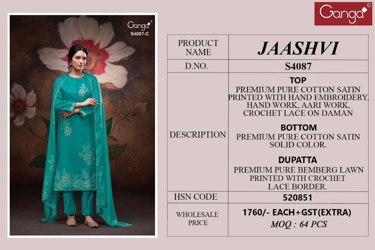 Jaashvi 4087 Ganga Cotton Satin Pant Style Suits Wholesaler India