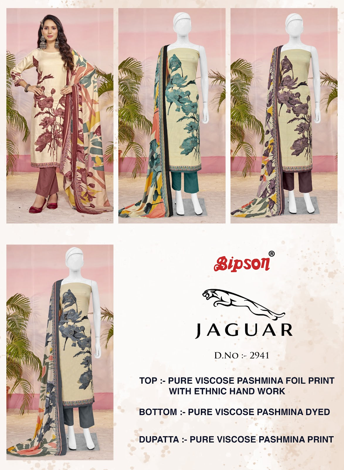 Jaguar 2941 Bipson Prints Viscose Pashmina Suits Wholesaler Gujarat