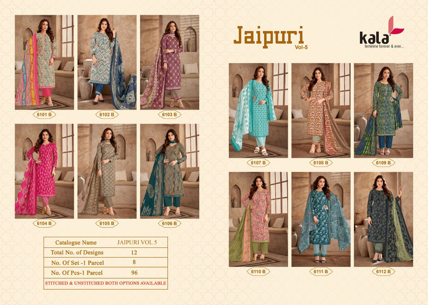 Jaipuri Vol 5 Kala Premium Cotton Pant Style Suits Wholesale Price