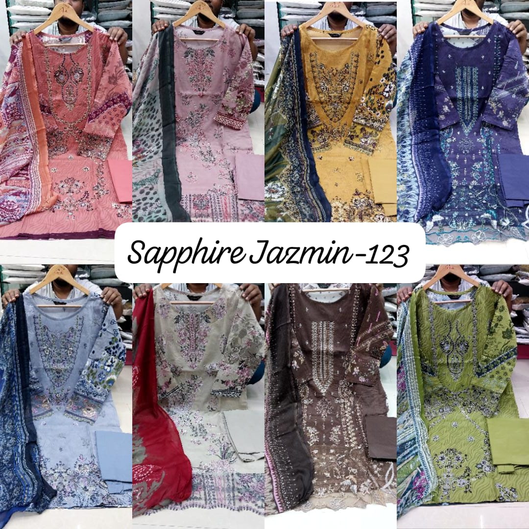 Jazmin Vol 123 Sapphire Lawn Cotton Pakistani Readymade Suits Exporter Ahmedabad