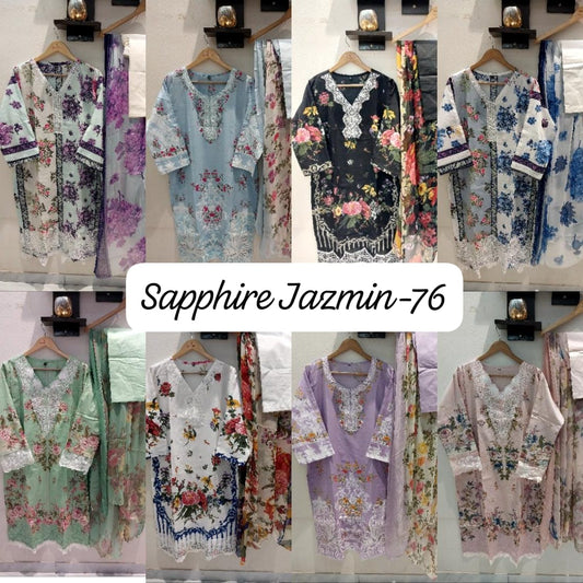 Jazmin Vol 76 Sapphire Lawn Cotton Pakistani Readymade Suits Manufacturer Ahmedabad