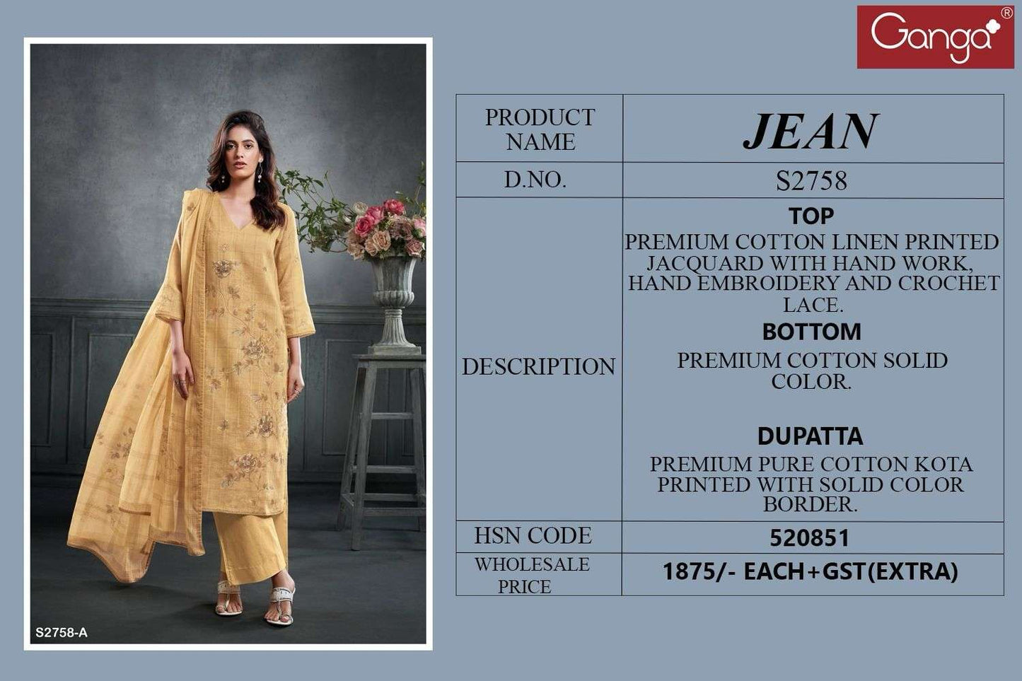 Jean 2758 Ganga Cotton Linen Pant Style Suits Wholesaler Gujarat
