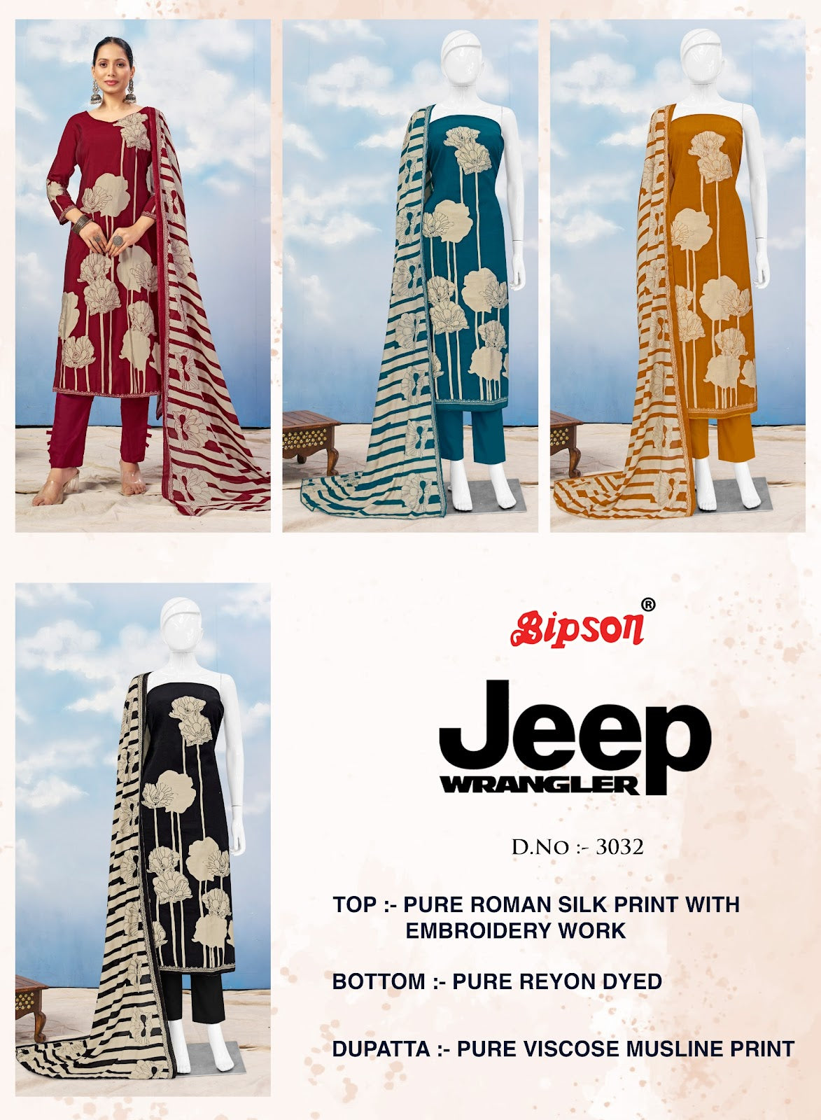Jeep Wranglar 3032 Bipson Prints Roman Silk Pant Style Suits Exporter Ahmedabad