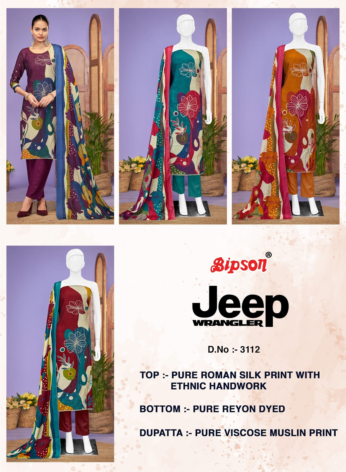 Jeep Wranglar 3112 Bipson Prints Roman Silk Pant Style Suits Supplier