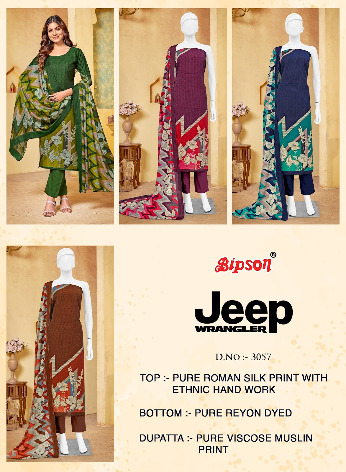 Jeep Wrangler-3057 Bipson Prints Roman Silk Pant Style Suits Wholesale Rate