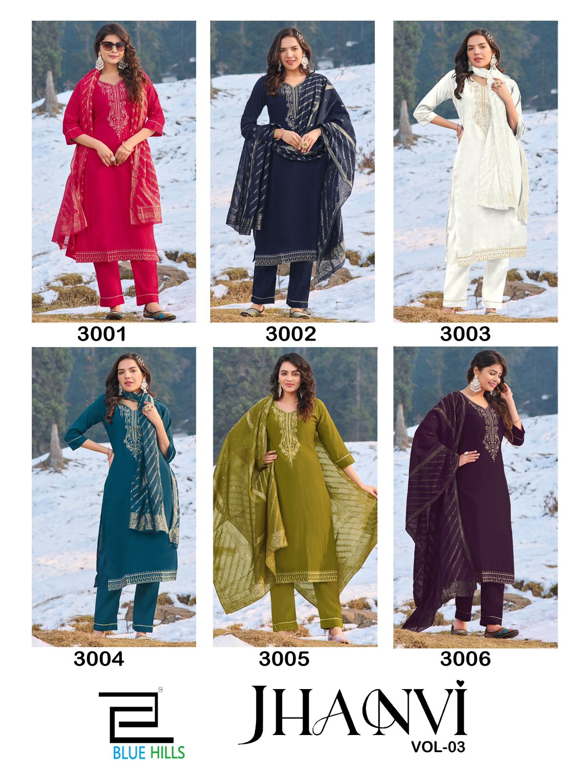 Jhanvi Vol 3 Blue Hills Roman Silk Readymade Pant Style Suits Wholesaler
