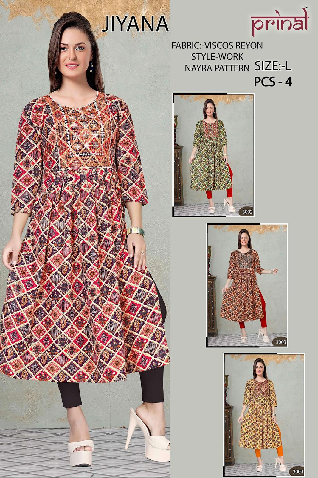 Jiyana Prinal Viscose Rayon Naira Cut Kurtis Wholesale