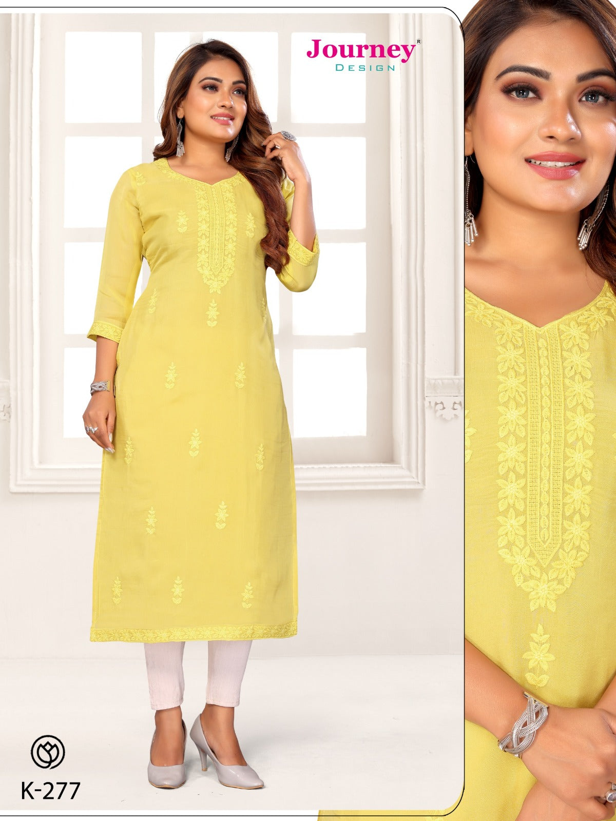 K 277 Journey Design Tissue Long Straight Kurti Wholesale