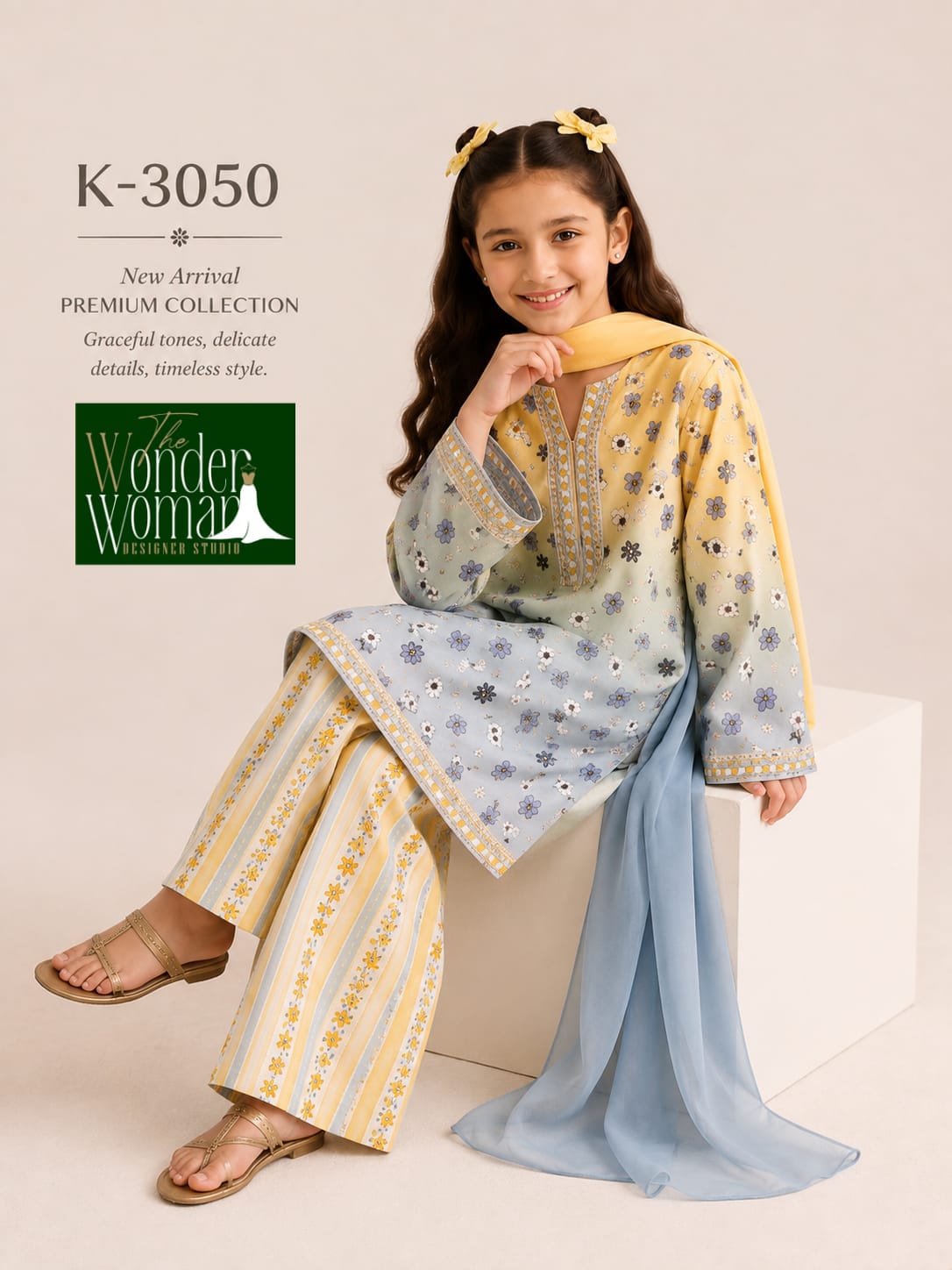 K 3050 The Wonder Woman Mal Satin Girls Pakistani Readymade Suit Exporter