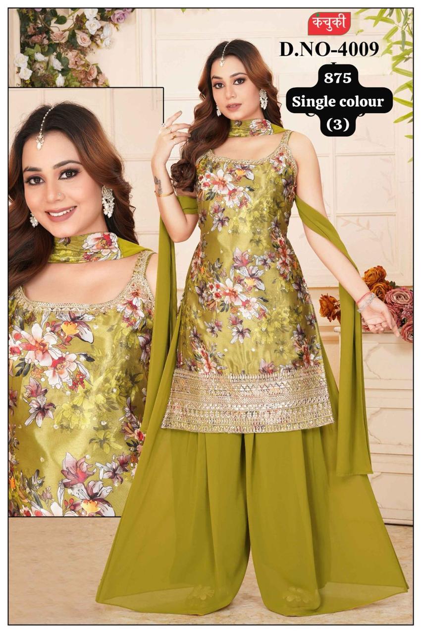 Kacuki D.NO-4009: Exquisite Olive Green Floral Embroidered Suit Set