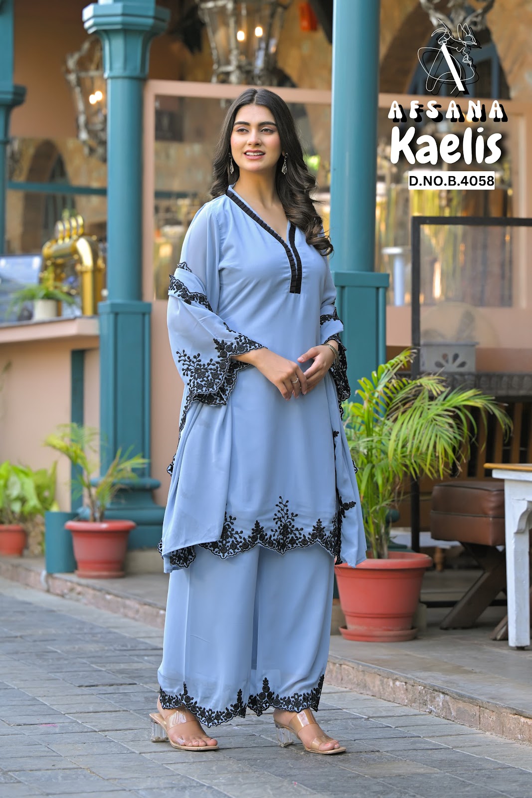 Kaelis Afsana Fox Georgette Readymade Plazzo Style Suits Exporter India